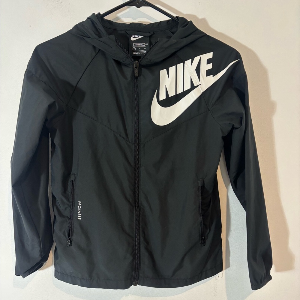 Nike Boys Youth Size Small Black Hooded Full Zip Lightweight Rain Jacket Coat